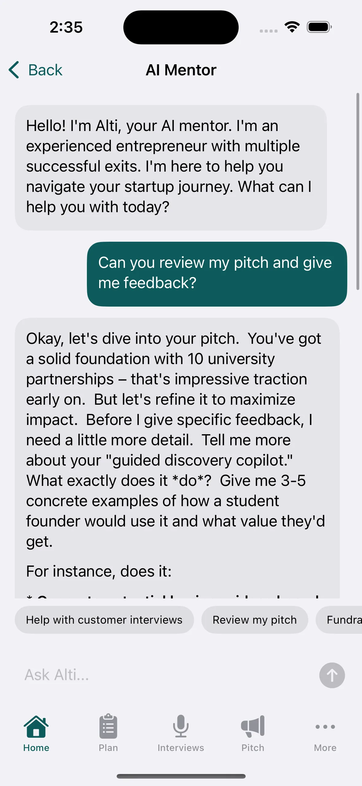 AI Mentor providing entrepreneurship guidance