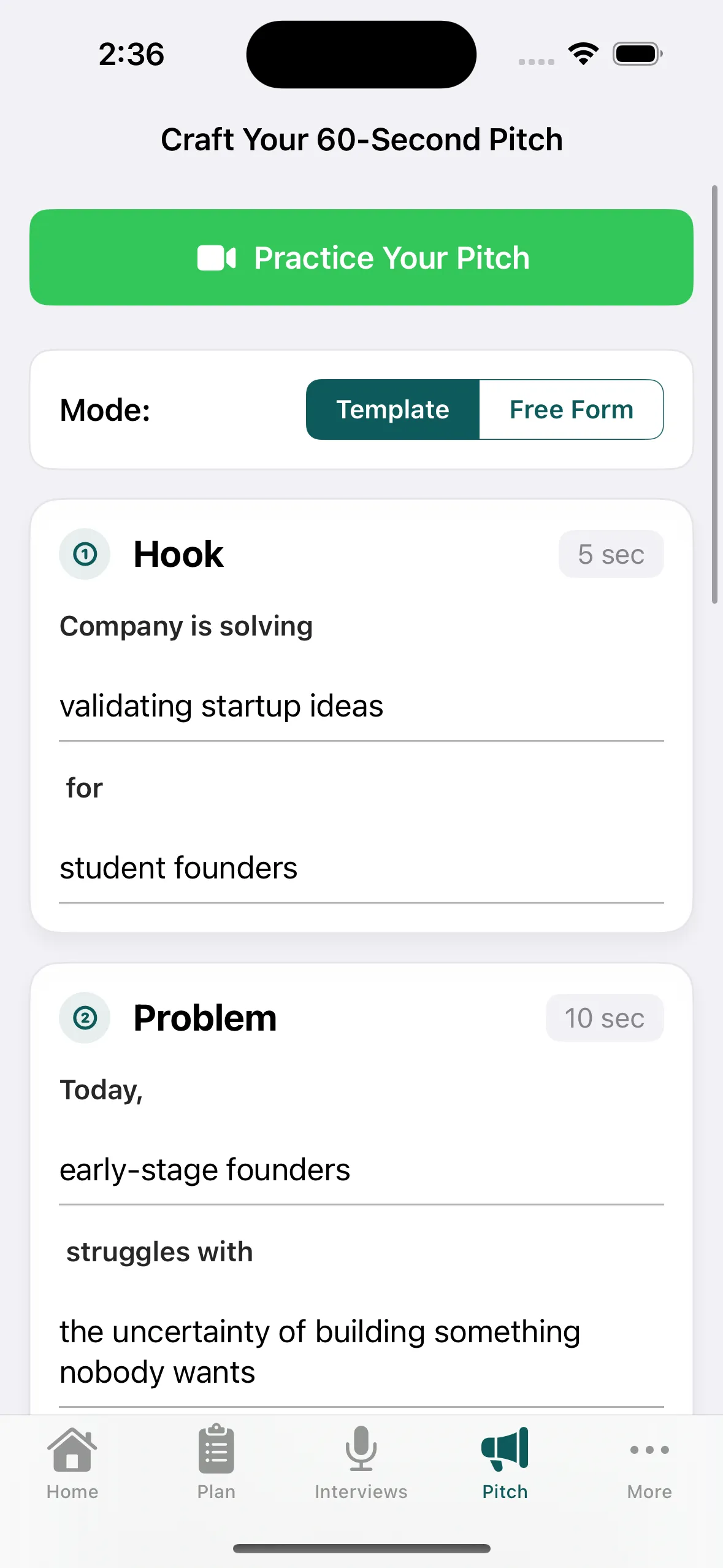 AI-powered pitch creation interface with Hook, Problem, Solution structure