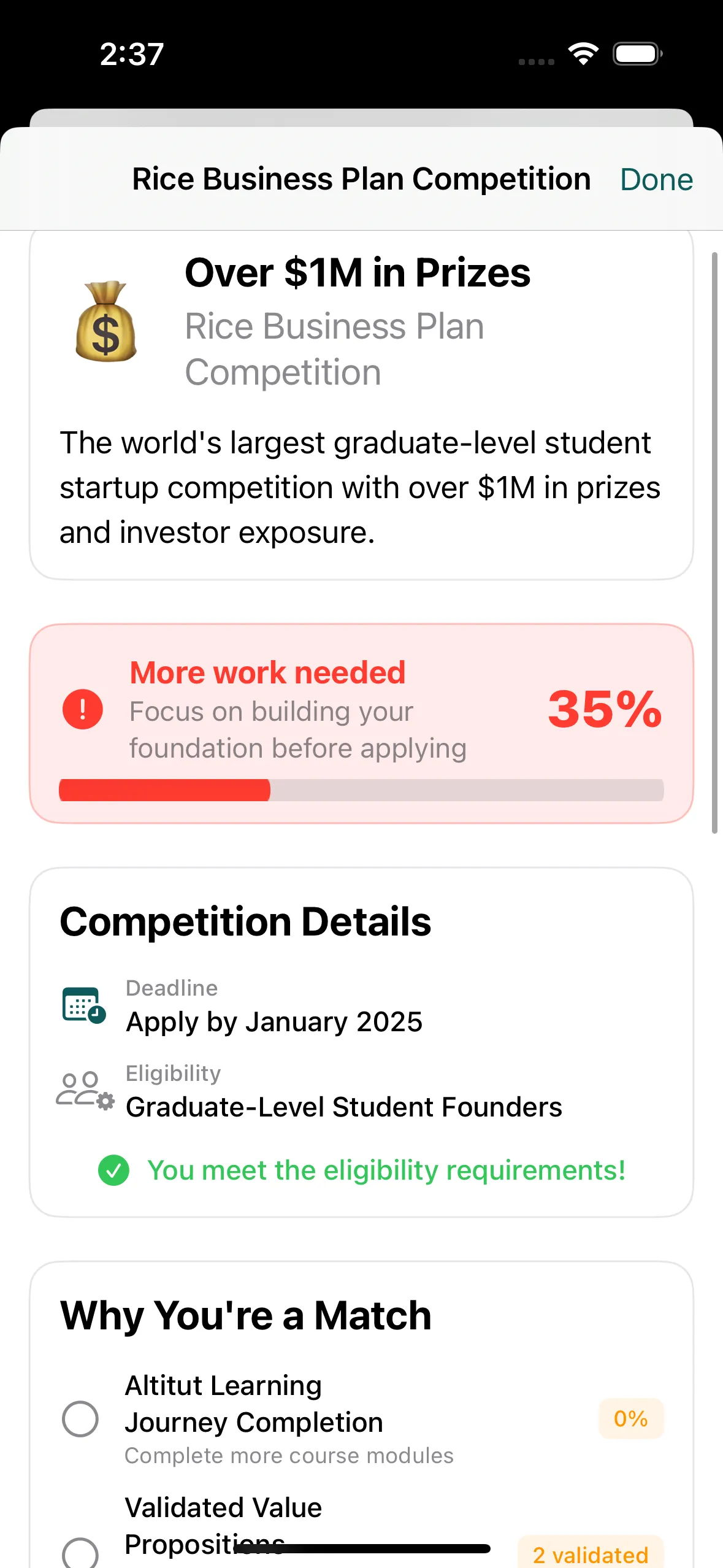Rice Business Plan Competition interface showing competition details